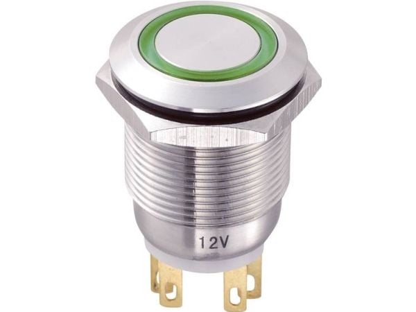 Conrad Vandalismusgeschützter Druckschalter 250 V/AC 5 A 1 x Aus/Ein IP65 tastend 1 St, Grønn, Rustfritt stål, Rustfritt stål, 250 V, 5 A