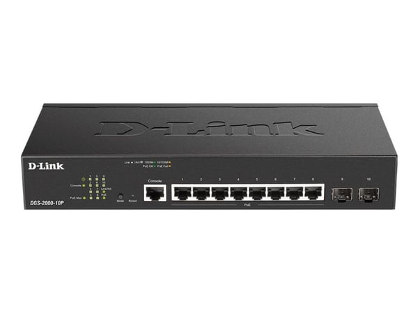 D-Link DGS 2000-10P - Switch - L3 - Styrt - 8 x 10/100/1000 (PoE+) + 2 x kombo for Fast Ethernet/Gigabit SFP - rackmonterbar - PoE+ (65 W)