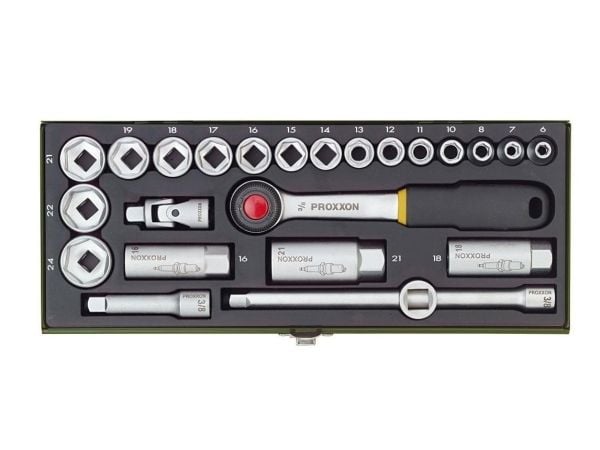Proxxon 23110, Støpselsett, 3/8", Metrisk, 24 hoder, 6,7,8,10,11,12,13,14,15,16,17,18,19,21,22,24 mm, Kromfarget