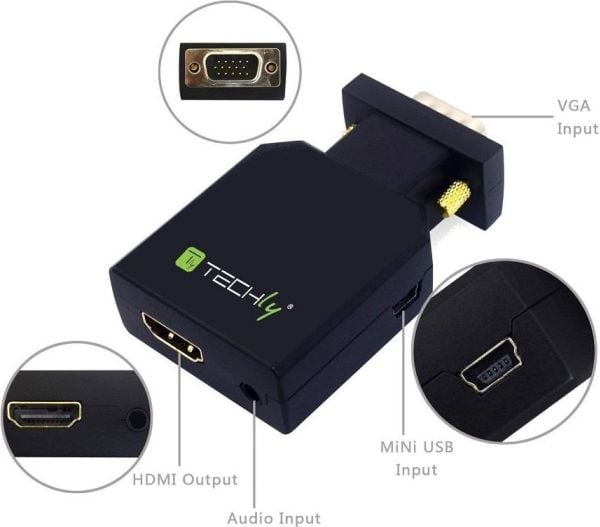 Techly IDATA VGA-HDMINI, Sort, CE, FCC, 1920 x 1200 piksler, 480p, 960p, 1080p, VGA (D-Sub), HDMI