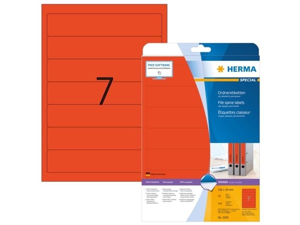 HERMA 5092, Punainen, Itse kiinnittyvä tulostintarra, A4, Paperi, Laser/Inkjet, Kiinteä