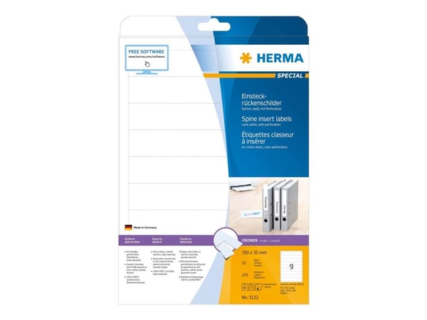 HERMA Special - Kartong - ikke-adhesiv - belagt - perforert - hvit - 30 x 190 mm 225 etikett(er) (25 ark x 9) filmappeetiketter