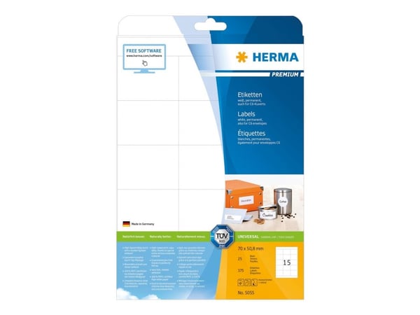 HERMA Premium - Papir - matt - permanent selv-adhesiv - hvit - 70 x 50.8 mm 375 etikett(er) (25 ark x 15) laminerte etiketter