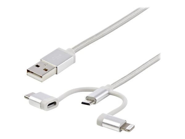 StarTech USB Multi Charging Cable - 3.3 ft / 1m - Lightning / USB-C / Micro-USB - Braided - MFi Certified - USB 2.0 - 3 in 1 Charging (LTCUB1MGR) -...