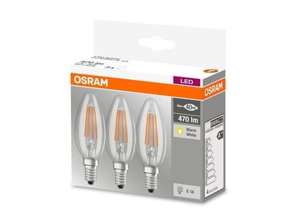 OSRAM - LED-filamentlyspære - form: B35 - klar finish - E14 - 4 W (ekvivalent 40 W) - klasse E - varmt hvitt lys - 2700 K (en pakke 3)