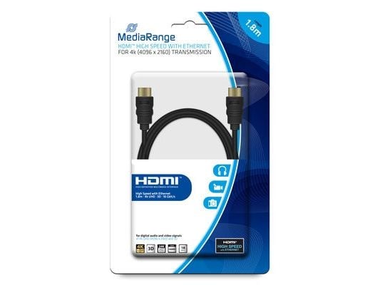 MediaRange - HDMI-kabel med Ethernet - HDMI plugg til HDMI plugg - 1.8 m - trippel beskyttelse - svart - rund, 4K-støtte