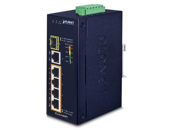 PLANET IGS-614HPT - Switch - ikke-styrt - 4 x 10/100/1000 (PoE+) + 1 x 10/100/1000 + 1 x 1000Base-X SFP - DIN-skinnemonterbar, veggmonterbar - PoE+...