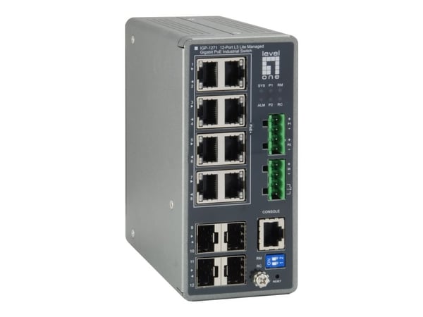 LevelOne IGP-1271 - Switch - L3 Lite - Styrt - 8 x 10/100/1000 (PoE+) + 4 x Gigabit SFP - DIN-skinnemonterbar - PoE+ (240 W) - DC power