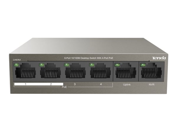 Tenda TEF1106P-4-63W - Switch - ikke-styrt - 4 x 10/100 (PoE+) + 2 x 10/100 (opplink) - stasjonær - PoE+ (63 W)