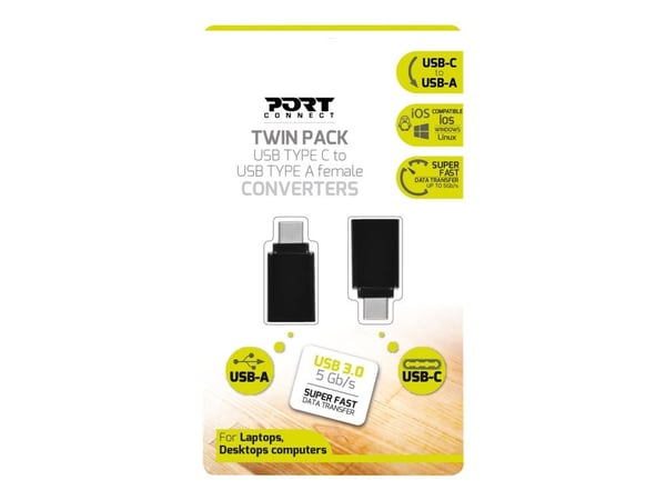 PORT Connect - USB-sovitin - USB Type A (hun) til USB-C (han) - USB 3.1 (pakke med 2) - USB 3.1 (pakke med 2)
