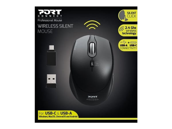 Port Designs 900713, Molempikätinen, RF Wireless + USB Type-C, 1600 DPI, Musta