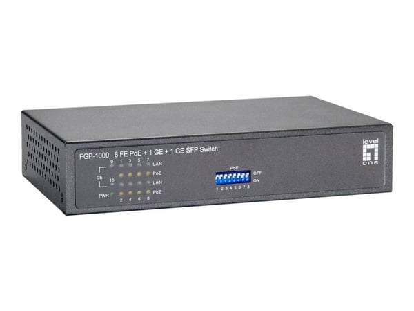 LevelOne FGP-1000W90 - Kytkin - 8 x 10/100 (PoE) + 1 x 10/100/1000 + 1 x 100/1000 SFP - työpöytä, seinään kiinnitettävä - PoE (82 W)