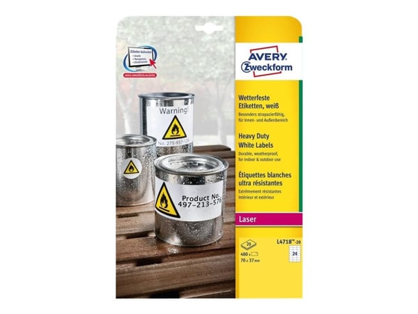 Avery Zweckform L4718 - Polyester - matte - permanent klebemiddel - hvit - 70 x 37 mm 480 etikett(r) (20 ark x 24) etikett