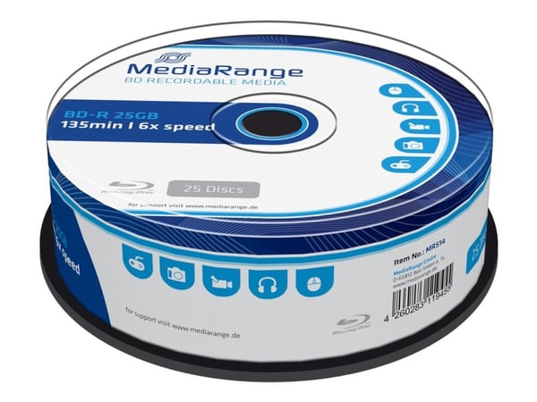 MediaRange MR514, 25 GB, BD-R, Kakkulaatikko, 25 kpl