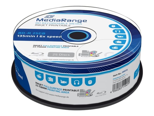 MediaRange - 25 x BD-R - 25 GB 6x - blekkstråleskrivbar overflate - spindel