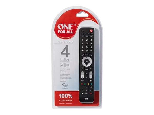 One For All Advanced Evolve 4 -kaukosäädin, TV, TV-digisovitin, DVD/Blu-ray, IR Langaton, Painikkeiden painaminen, Musta