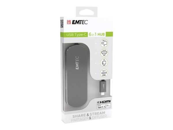 EMTEC HUB 6-in-1 Type-C T650C - Keskitin - 3 x USB 3.1 Gen 1 + 1 x USB-C (tehonsiirto) - pöytätietokoneet