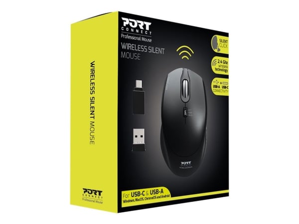 Port Designs 900713, Molempikätinen, RF Wireless + USB Type-C, 1600 DPI, Musta