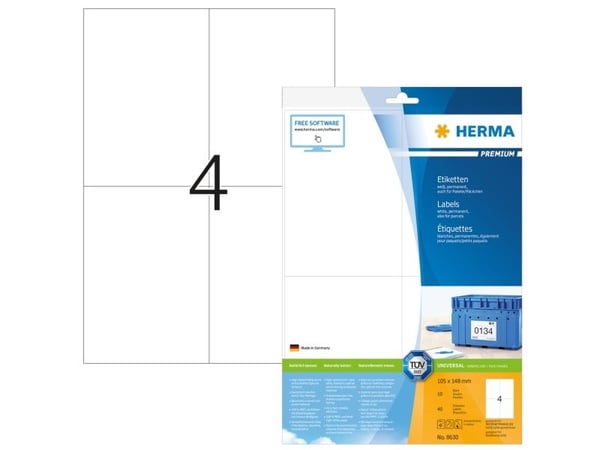 HERMA 8630, Hvit, Selvklebende skriveretikett, A4, Papir, Laser/Blekkskriver, Permanent