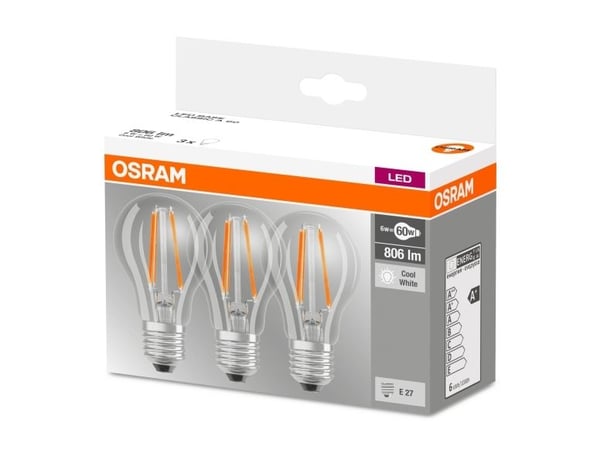 OSRAM BASE CLASSIC A - LED-lyspære - form: A60 - klar finish - E27 - 6.5 W (ekvivalent 60 W) - klasse E - kjølilg hvitt lys - 4000 K (en pakke 3)