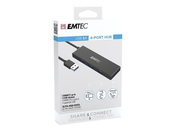 EMTEC Ultra Slim USB3.1 4-Port Hub T620A - Hub - 4 x USB 3.1 Gen 1 - stasjonær