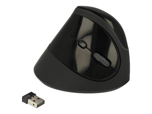 Delock Ergonomic - Vertikal mus - ergonomisk - høyrehendt - optisk - 6 knapper - trådløs - 2.4 GHz - USB trådløs mottaker - svart - løsvekt