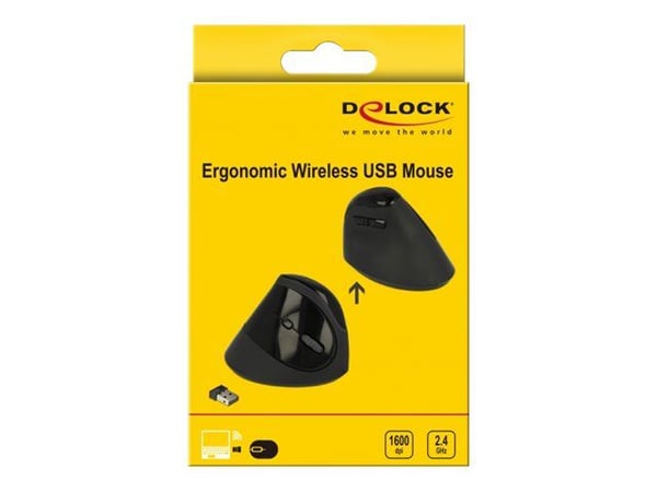 Delock Ergonomic - Vertikal mus - ergonomisk - høyrehendt - optisk - 6 knapper - trådløs - 2.4 GHz - USB trådløs mottaker - svart - løsvekt