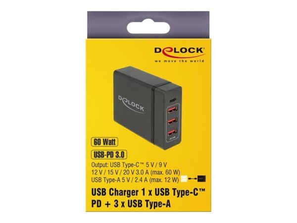 Delock USB Charger 1 x USB Type-C PD + 3 x USB Type-A 60 W - Strømadapter - AC 100-240 V - 60 watt - utgangskontakter: 4 - svart