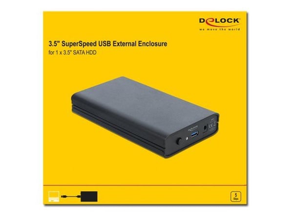 DeLOCK 42612, HDD-kotelo, 3.5", SATA, 5 Gbit/s, USB-liitettävyys, Musta
