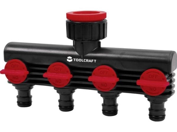 TOOLCRAFT 2302371 Plast 4-vägsfördelare 26,44 mm (3/4) AG, 33,25 mm (1) AG Vattenstopp, med reglerventil
