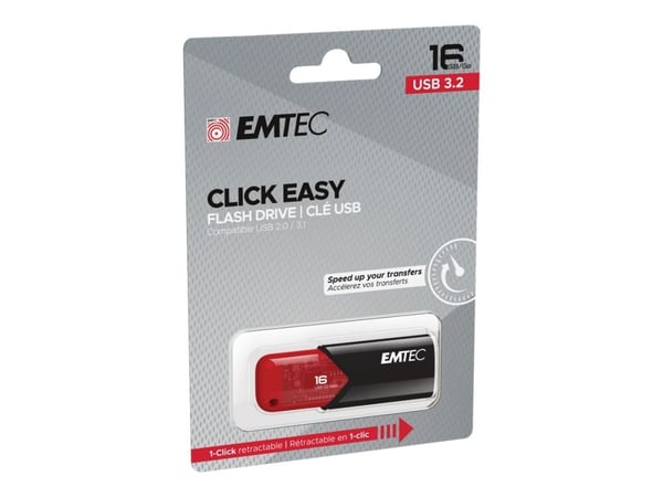 Emtec Click Easy, 16 GB, USB A-tyyppi, 3.2 Gen 2 (3.1 Gen 2), Ilman suojusta, Musta, Punainen