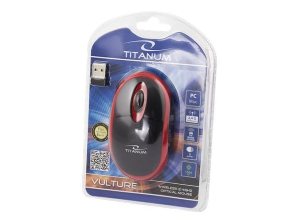 Titanum VULTURE - Mus - optisk - 3 knapper - trådløs - 2.4 GHz - USB trådløs mottaker - rød