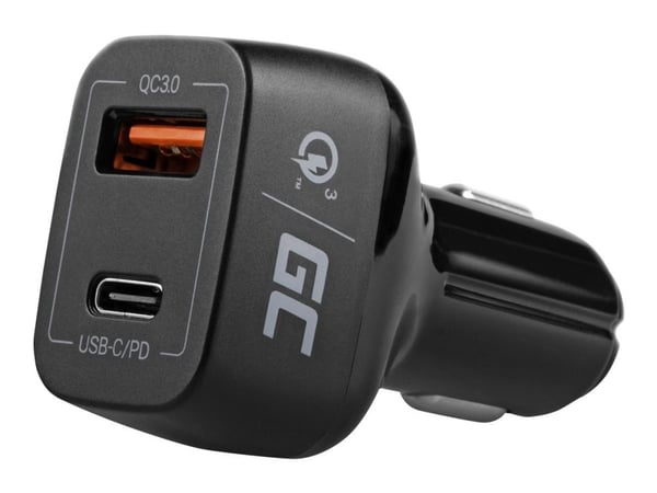Green Cell - Bilstrømadapter - 42 watt - PD, QC 3.0 - 2 utgangskontakter (USB, USB-C) - svart