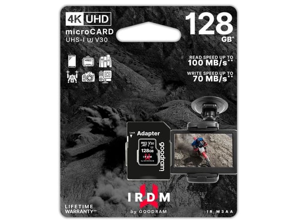GOODRAM IRDM - Flashminnekort (microSDXC til SD-adapter inkludert) - 128 GB - Video Class V30 / UHS-I U3 - microSDXC UHS-I