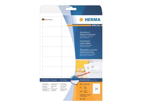 HERMA Special - Hvit - 64.6 x 33.8 mm 600 etikett(er) (25 ark x 24) permanente selvklebende matte opake rettelses/omslags-papiretiketter HERMA Special - Hvit - 64.6 x 33.8 mm 600 etikett(er) (25 ark x 24) permanente selvklebende matte opake rettelses/omslags-papiretiketter