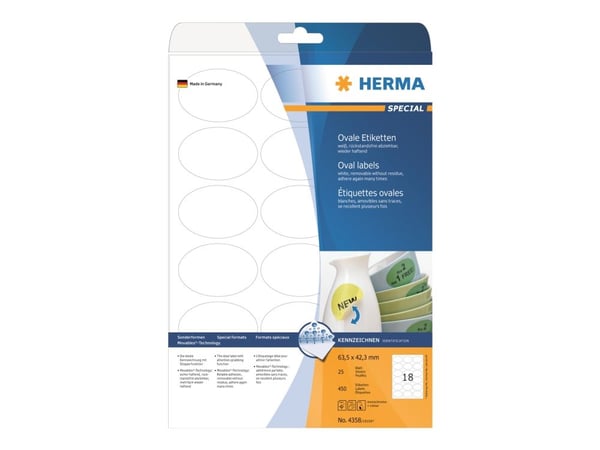 HERMA Special - Papir - matt - fjernbart selv-adhesiv - hvit - 63,5 x 42,3 mm (oval) 450 etikett(er) (25 ark x 18) merkelapper
