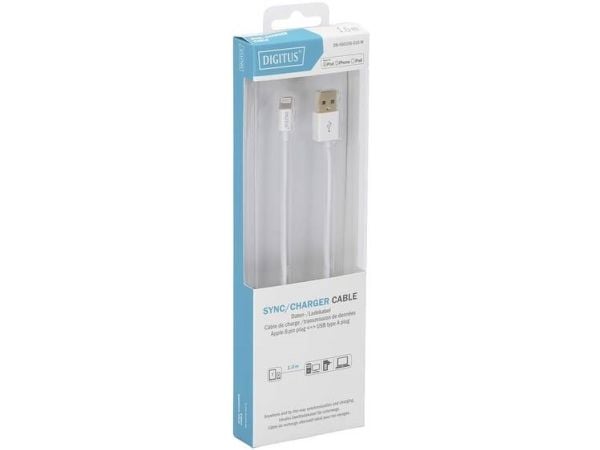 Digitus DB-600106-010-W, 1 m, Lightning, USB A, Valkoinen, Suora, Suora