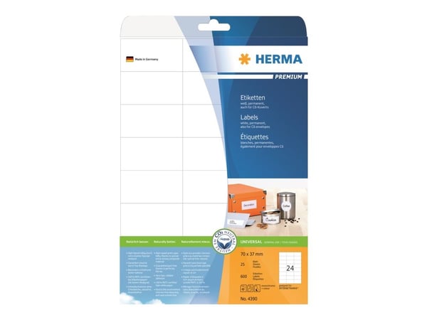 HERMA Premium - Papir - matt - permanent selv-adhesiv - hvit - 70 x 37 mm 600 etikett(er) (25 ark x 24) laminerte etiketter
