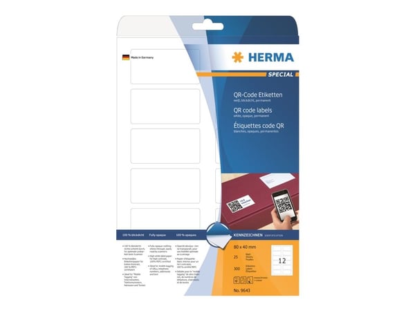 HERMA Special - Papir - matt - permanent selv-adhesiv - hvit - 80 x 40 mm 300 etikett(er) (25 ark x 12 opake arkivmappeetiketter