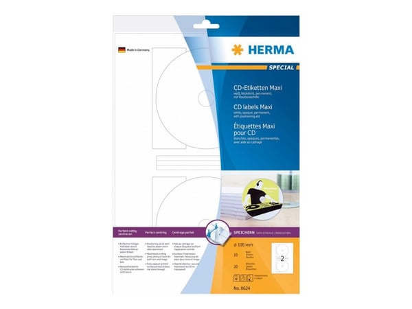 HERMA Special Maxi - Papir - matt - permanent selvklebende - hvit - 116 mm rund 20 etikett(er) (10 ark x 2) ugjennomsiktige CD/DVD-etiketter