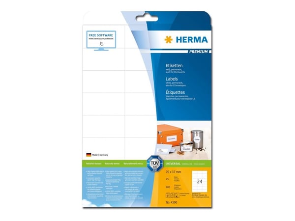 HERMA Premium - Papir - matt - permanent selv-adhesiv - hvit - 70 x 37 mm 600 etikett(er) (25 ark x 24) laminerte etiketter