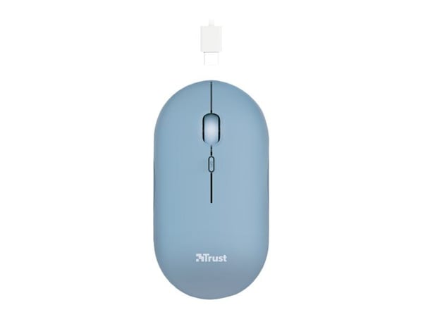 Trust Puck - Mus - høyre- og venstrehåndet - optisk - 4 knapper - trådløs - Bluetooth, 2.4 GHz - USB trådløs mottaker - blå