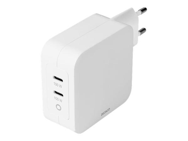 DELTACO USBC-GAN03 - Strømadapter - 100 watt - 5 A - PD - 2 utgangskontakter (2 x USB-C) - hvit