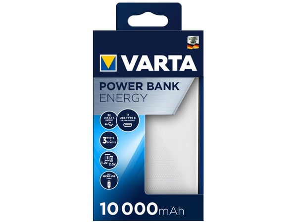 Varta Energy - Strømbank - 10000 mAh - 37 Wh - 15 watt - 3 utgangskontakter (2 x USB, USB-C)