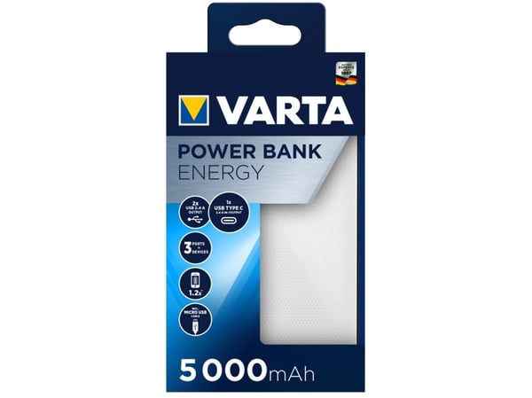 Varta Energy - Strømbank - 5000 mAh - 18.5 Wh - 12 watt - 3 utgangskontakter (2 x USB, USB-C)