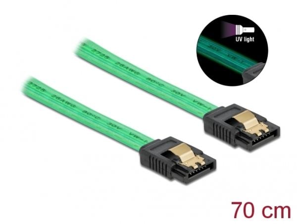 Delock SATA 6 Gb/s Cable UV glow effect - SATA-kabel - Serial ATA 150/300/600 - SATA til SATA - 70 cm - grønn