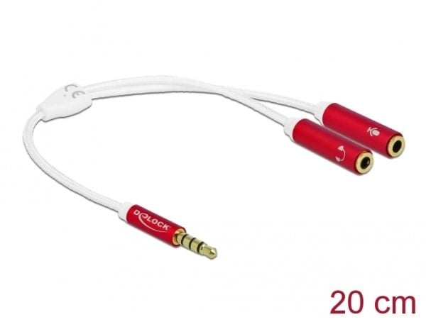 Delock - Hodetelefonadapter - 4-polsminijakk hann til 4-polsminijakk hunn - 20 cm - hvit, rød
