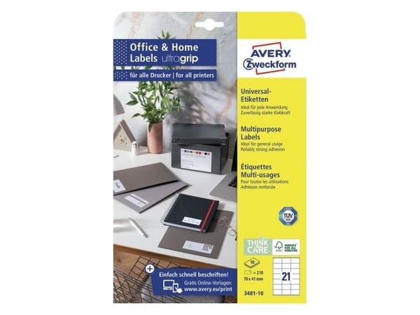 Avery 3481-10, Hvit, Selvklebende skriveretikett, A4, Papir, Laser/Blekkskriver, Permanent
