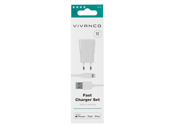 Vivanco - Strömadapter - 2.4 A - Fast Charge (USB) - på kabel: Lightning - vit
