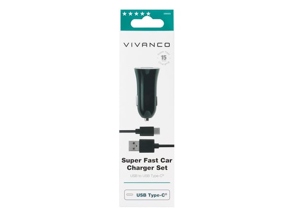 Vivanco CARCHARGERVVUSBC3A - Auton verkkolaite - 3 A - Pikalataus (USB) - kaapelissa: USB-C - musta